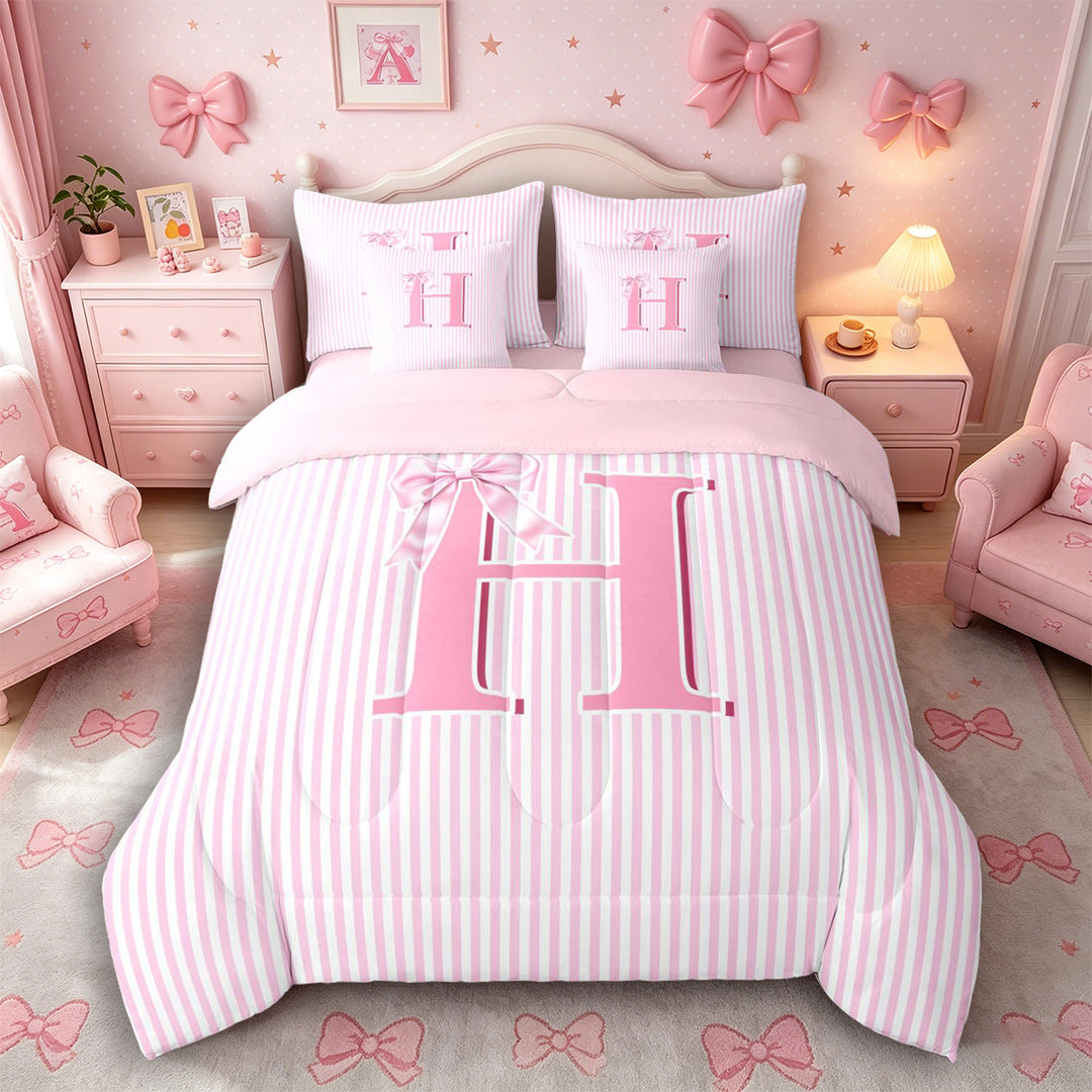 Meiyoeat Lovely Bow Letter H Bedding Comforter Set 7 Pieces for Girls Adults, Gentle Stripe Full Bedding Set for Decor, Light Pink White,Pink Reversible