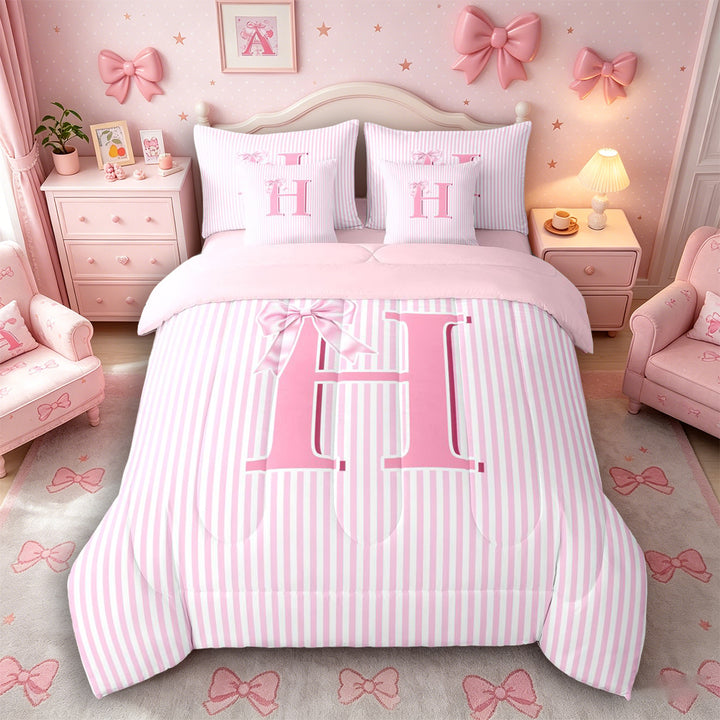 Meiyoeat Lovely Bow Letter H Bedding Comforter Set 7 Pieces for Girls Adults, Gentle Stripe Full Bedding Set for Decor, Light Pink White,Pink Reversible
