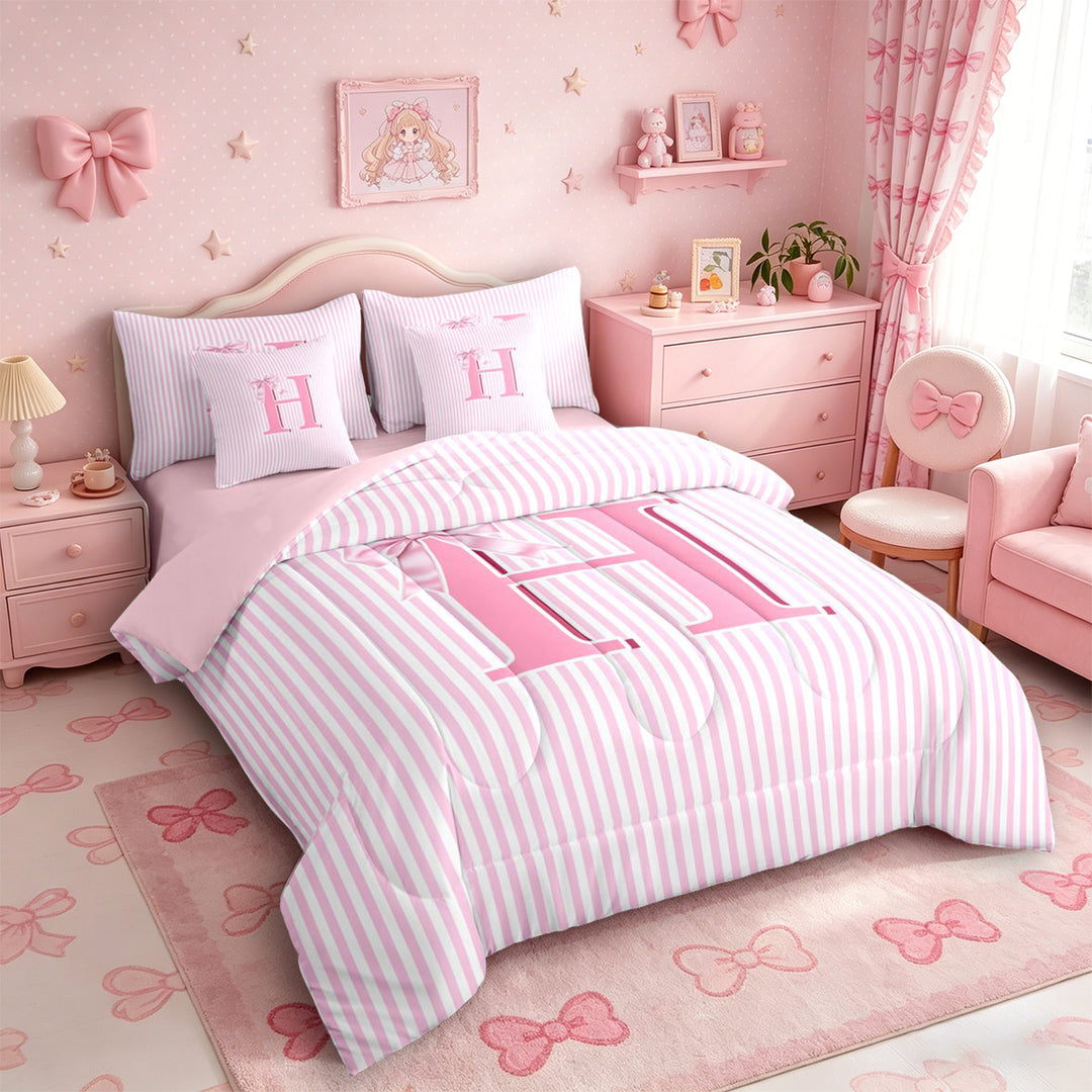 Meiyoeat Lovely Bow Letter H Bedding Comforter Set 7 Pieces for Girls Adults, Gentle Stripe Full Bedding Set for Decor, Light Pink White,Pink Reversible