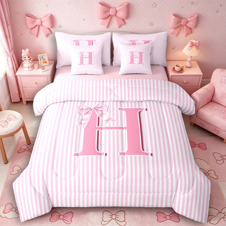 Meiyoeat Lovely Bow Letter H Bedding Comforter Set 7 Pieces for Girls Adults, Gentle Stripe Full Bedding Set for Decor, Light Pink White,Pink Reversible