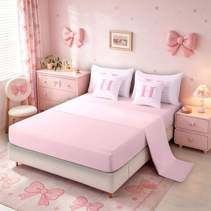 Meiyoeat Lovely Bow Letter H Bedding Comforter Set 7 Pieces for Girls Adults, Gentle Stripe Full Bedding Set for Decor, Light Pink White,Pink Reversible