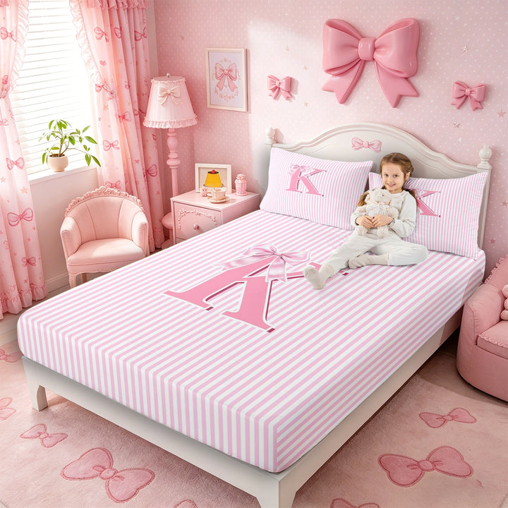 Meiyoeat Pretty Bow Letter K Full Size Sheets 4-Piece for Girls Preschoolers, Delicate Stripe Bed Sheets for Daily, Light Pink White