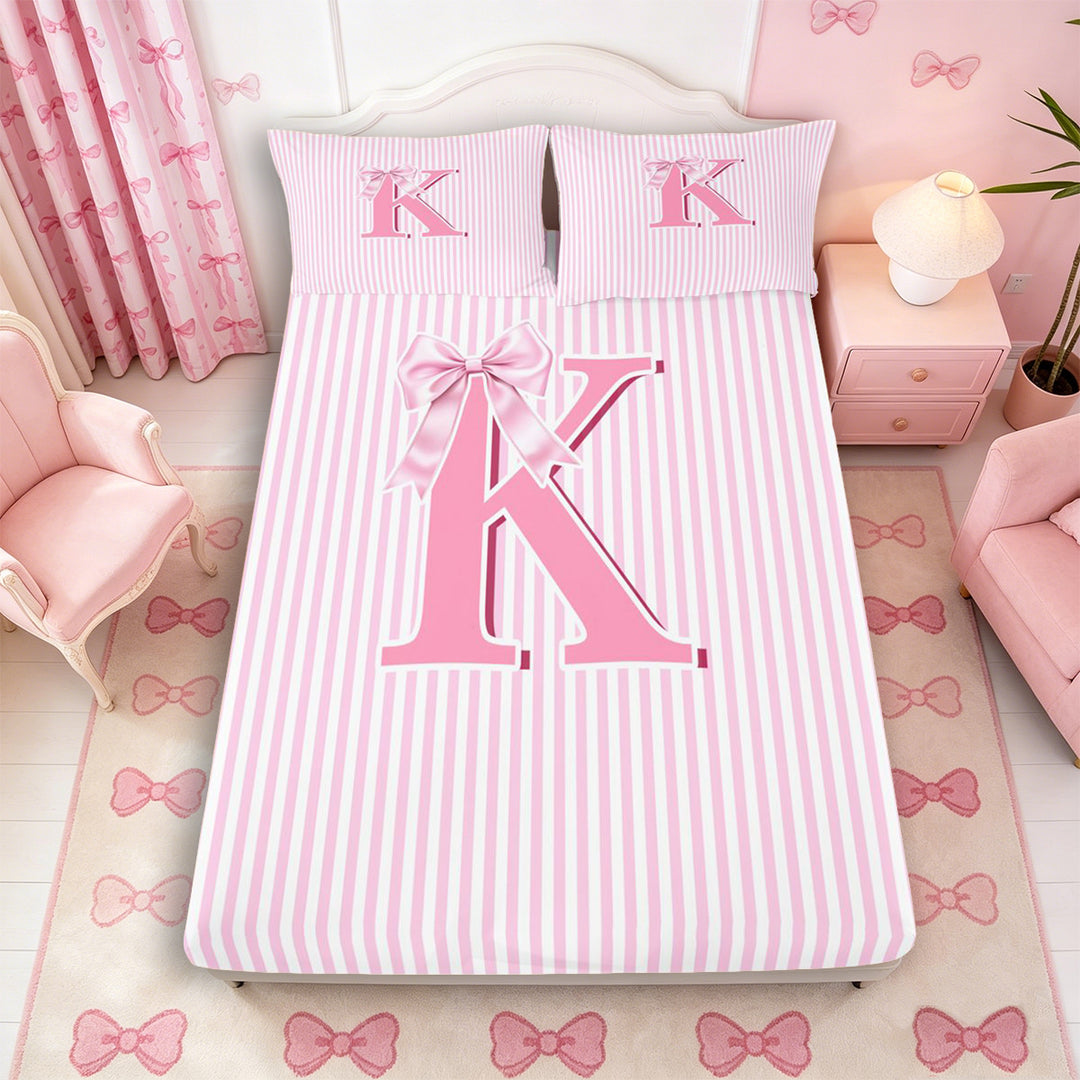 Meiyoeat Pretty Bow Letter K Full Size Sheets 4-Piece for Girls Preschoolers, Delicate Stripe Bed Sheets for Daily, Light Pink White