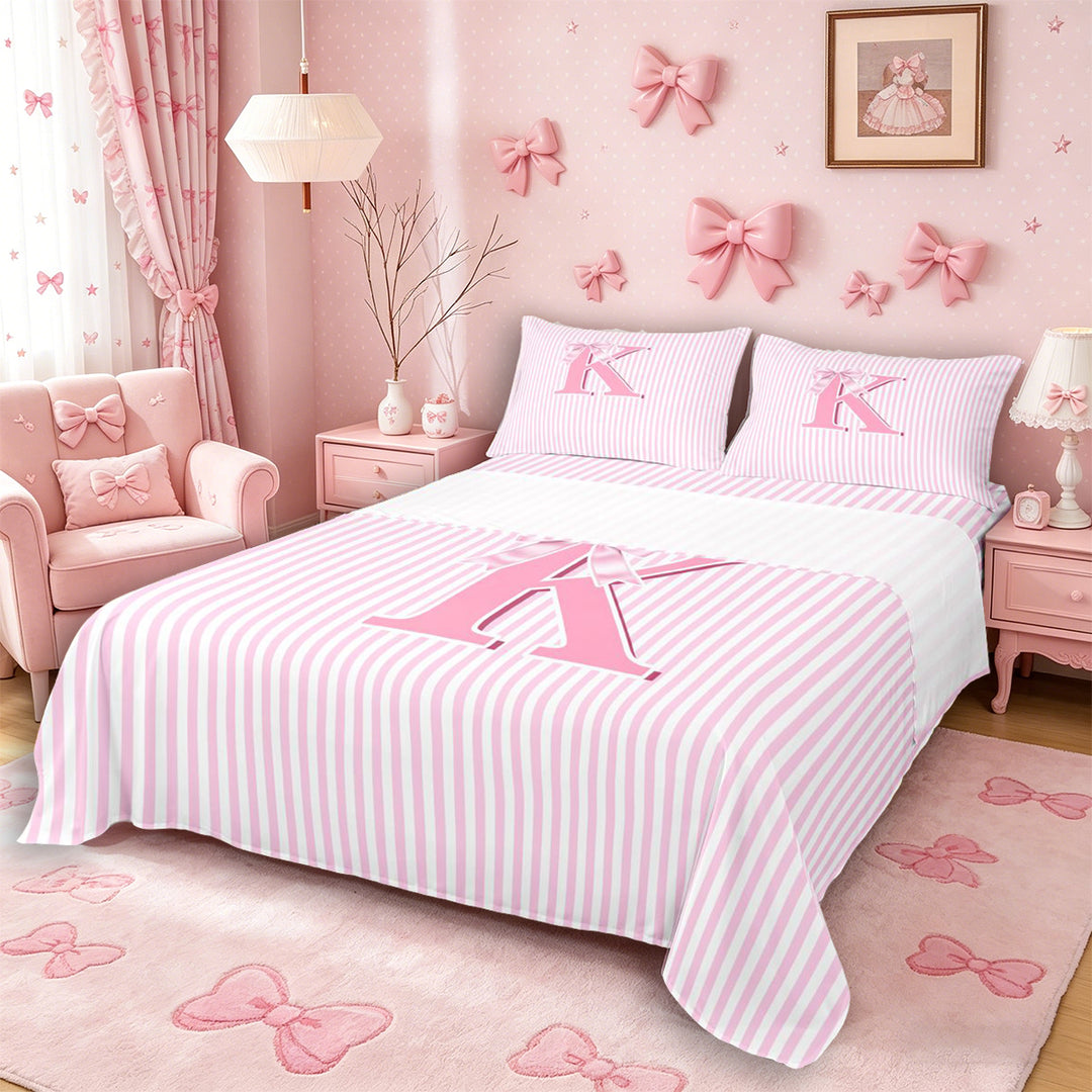 Meiyoeat Pretty Bow Letter K Full Size Sheets 4-Piece for Girls Preschoolers, Delicate Stripe Bed Sheets for Daily, Light Pink White