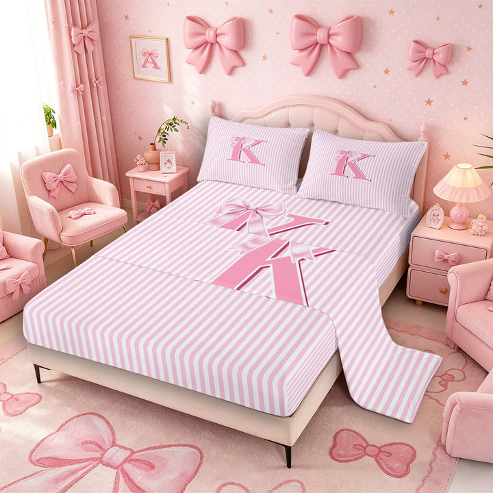 Meiyoeat Pretty Bow Letter K Full Size Sheets 4-Piece for Girls Preschoolers, Delicate Stripe Bed Sheets for Daily, Light Pink White