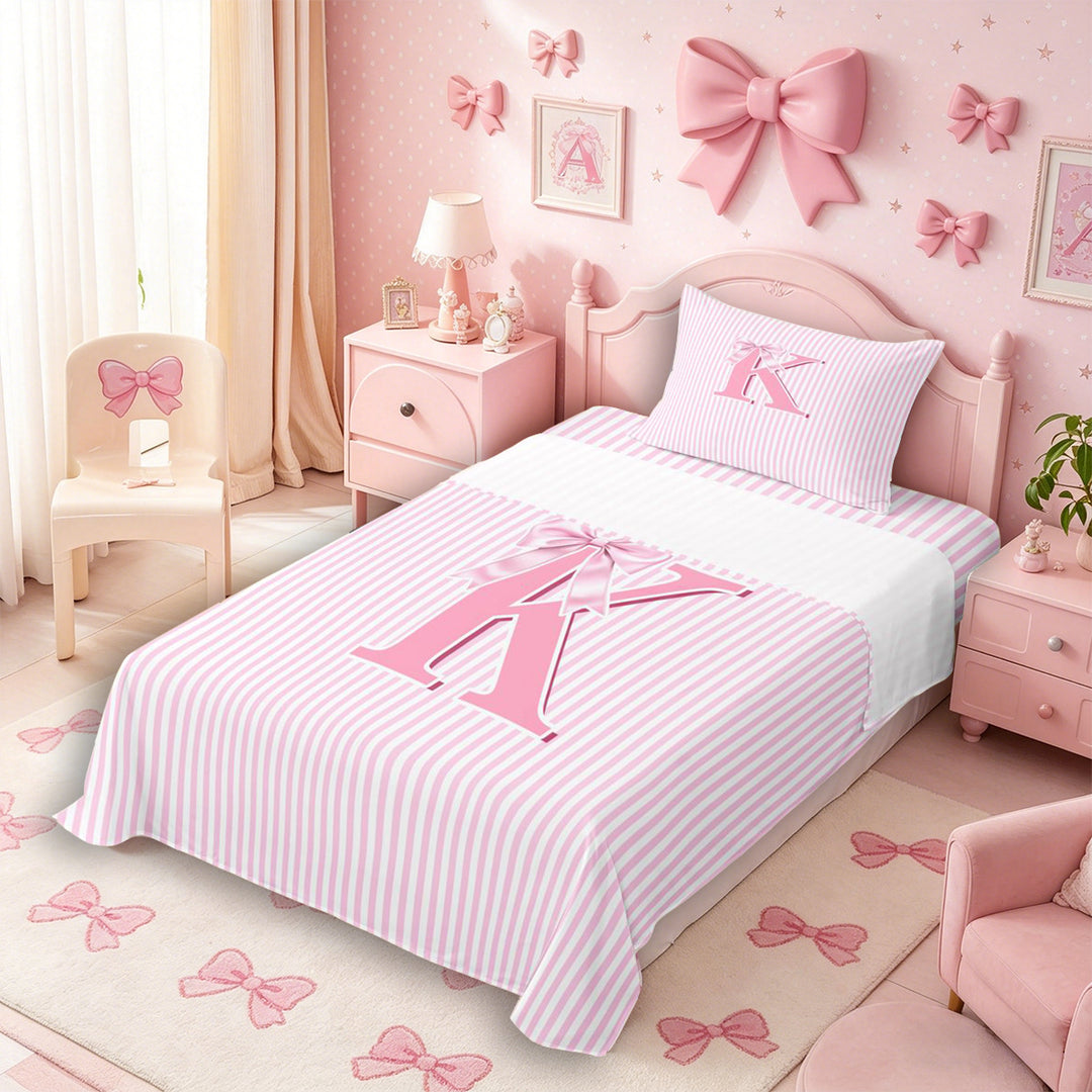 Meiyoeat Pretty Bow Letter K Full Size Sheets 4-Piece for Girls Preschoolers, Delicate Stripe Bed Sheets for Daily, Light Pink White