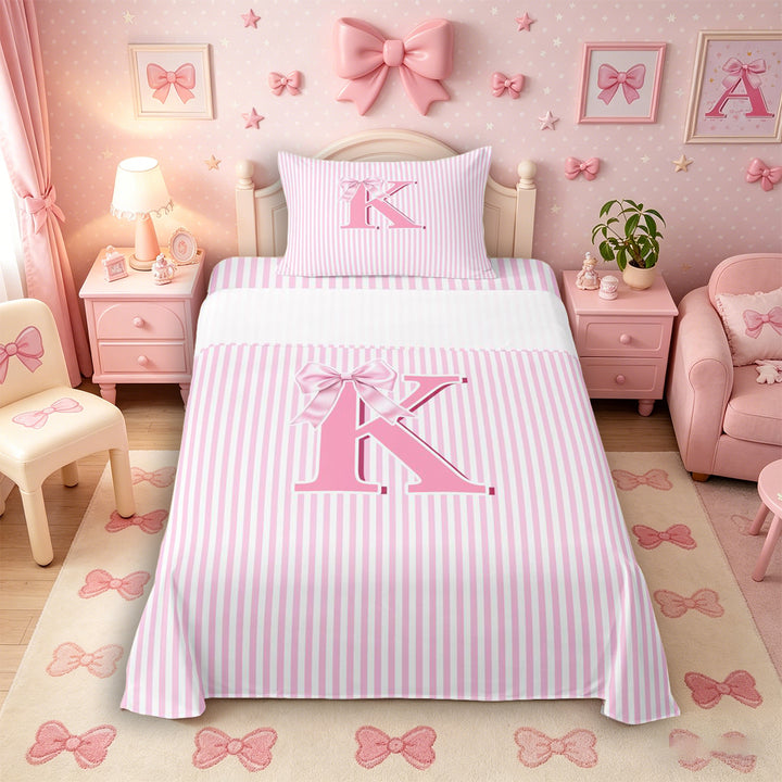 Meiyoeat Pretty Bow Letter K Full Size Sheets 4-Piece for Girls Preschoolers, Delicate Stripe Bed Sheets for Daily, Light Pink White