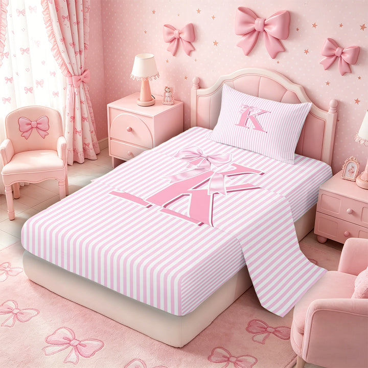 Meiyoeat Pretty Bow Letter K Full Size Sheets 4-Piece for Girls Preschoolers, Delicate Stripe Bed Sheets for Daily, Light Pink White