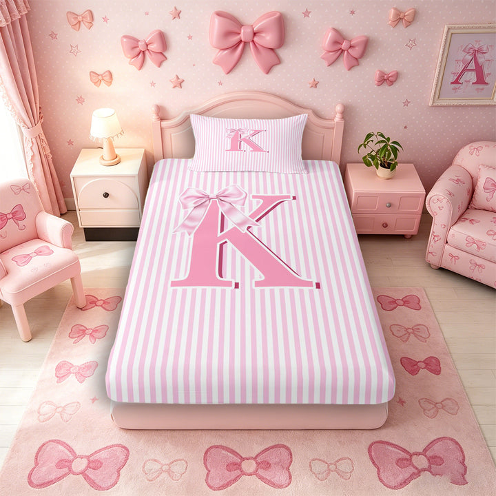 Meiyoeat Pretty Bow Letter K Full Size Sheets 4-Piece for Girls Preschoolers, Delicate Stripe Bed Sheets for Daily, Light Pink White
