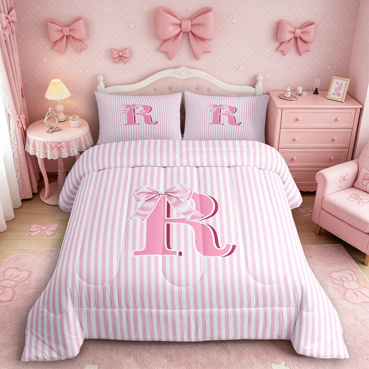 Meiyoeat Pretty Bow Letter R Full Size Comforter Sets 3 Pieces for Girls Juniors, Delicate Stripe Bedding Sets for Bedroom, Light Pink White,Pink Reversible