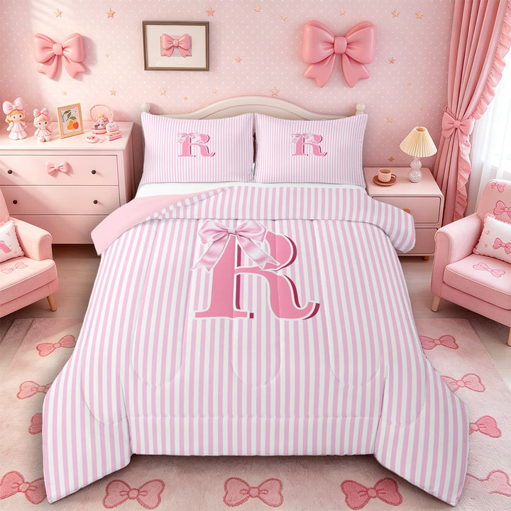 Meiyoeat Pretty Bow Letter R Full Size Comforter Sets 3 Pieces for Girls Juniors, Delicate Stripe Bedding Sets for Bedroom, Light Pink White,Pink Reversible