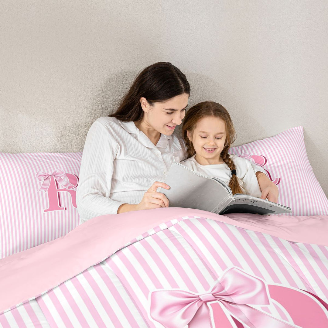 Meiyoeat Pretty Bow Letter R Full Size Comforter Sets 3 Pieces for Girls Juniors, Delicate Stripe Bedding Sets for Bedroom, Light Pink White,Pink Reversible