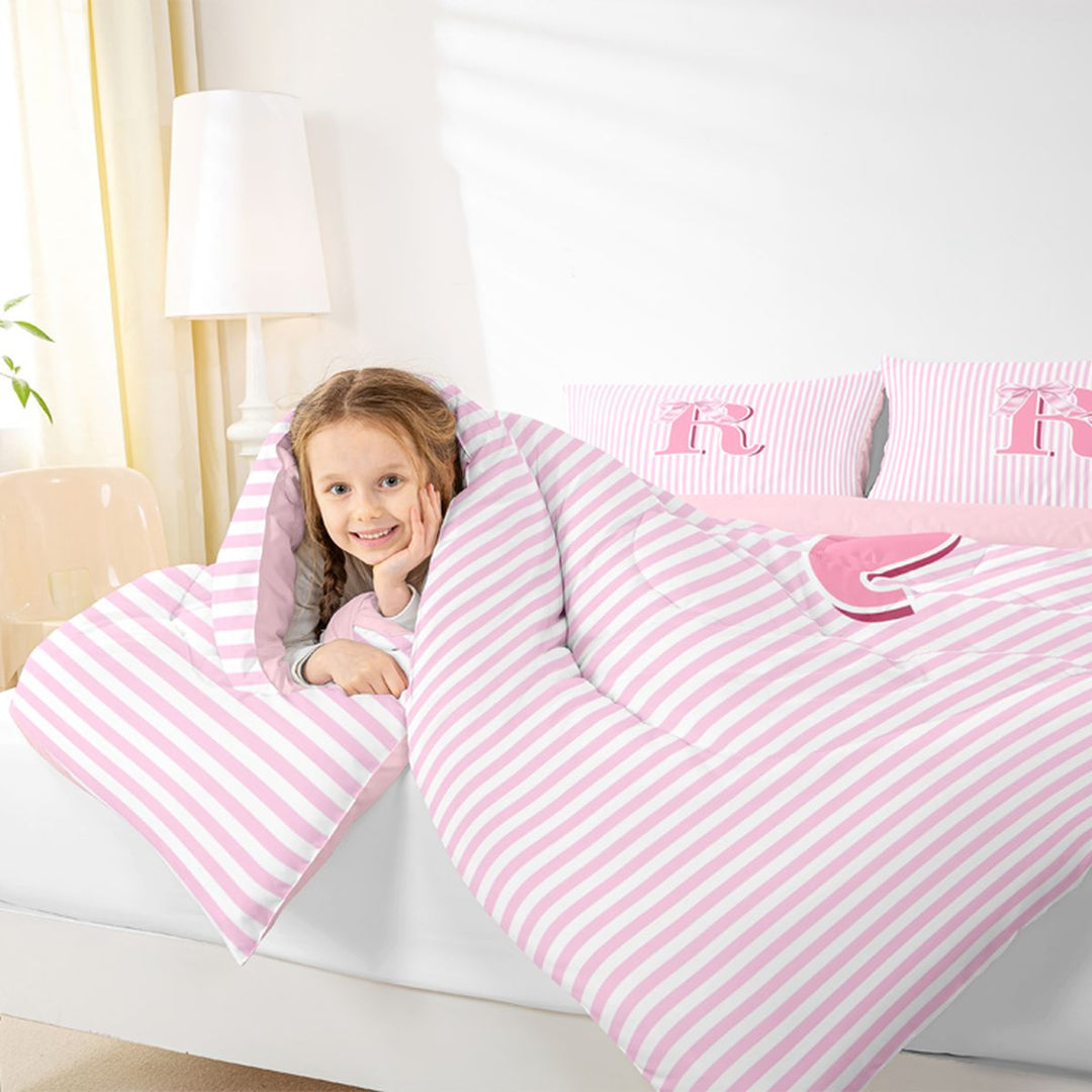Meiyoeat Pretty Bow Letter R Full Size Comforter Sets 3 Pieces for Girls Juniors, Delicate Stripe Bedding Sets for Bedroom, Light Pink White,Pink Reversible