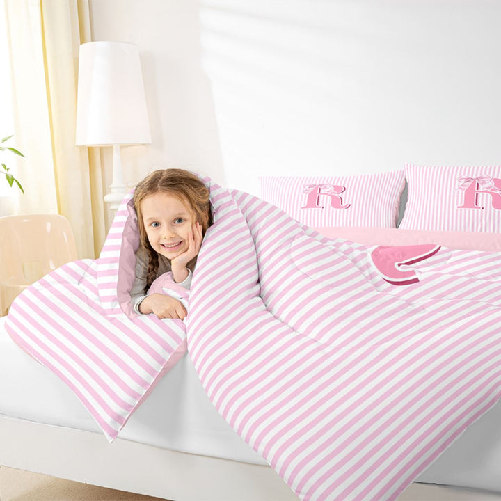 Meiyoeat Pretty Bow Letter R Full Size Comforter Sets 3 Pieces for Girls Juniors, Delicate Stripe Bedding Sets for Bedroom, Light Pink White,Pink Reversible
