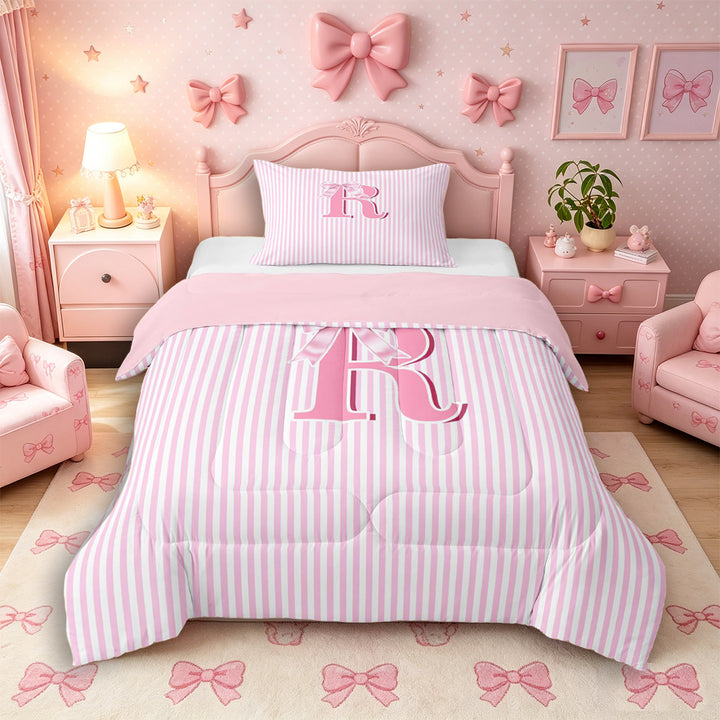 Meiyoeat Pretty Bow Letter R Full Size Comforter Sets 3 Pieces for Girls Juniors, Delicate Stripe Bedding Sets for Bedroom, Light Pink White,Pink Reversible