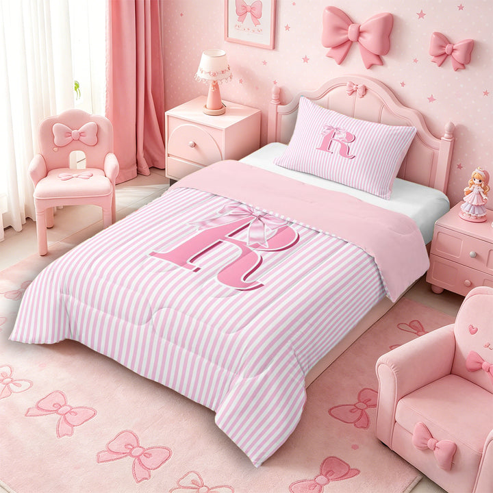 Meiyoeat Pretty Bow Letter R Full Size Comforter Sets 3 Pieces for Girls Juniors, Delicate Stripe Bedding Sets for Bedroom, Light Pink White,Pink Reversible