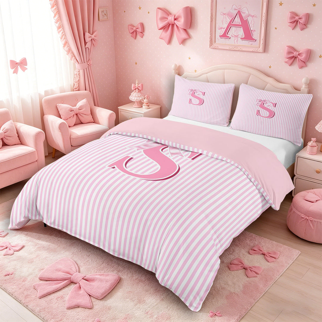 Meiyoeat Sweet Bow Letter S Duvet Cover Set for Girls Children, Cute Stripe Bedding Full, Light Pink White,Pink Reversible,3pcs,No Comforter