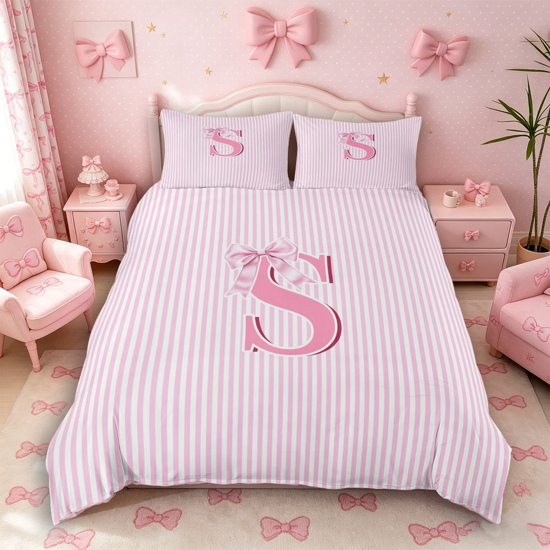 Meiyoeat Sweet Bow Letter S Duvet Cover Set for Girls Children, Cute Stripe Bedding Full, Light Pink White,Pink Reversible,3pcs,No Comforter