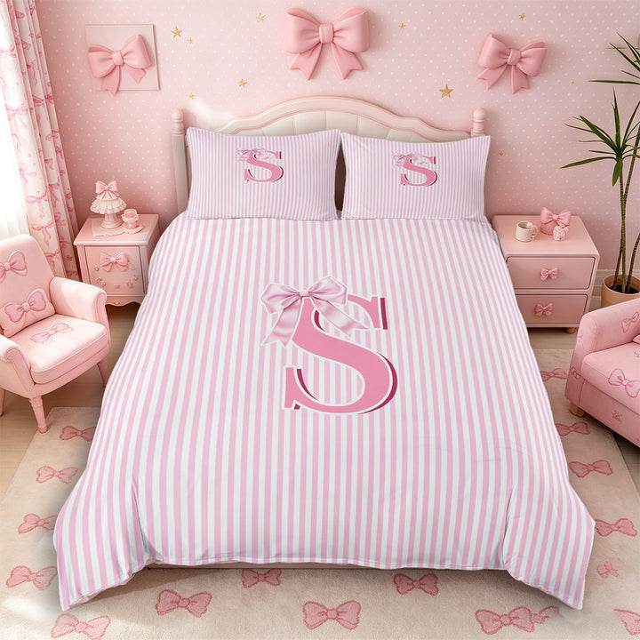 Meiyoeat Sweet Bow Letter S Duvet Cover Set for Girls Children, Cute Stripe Bedding Full, Light Pink White,Pink Reversible,3pcs,No Comforter