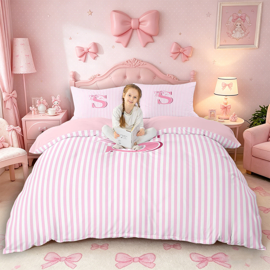 Meiyoeat Sweet Bow Letter S Duvet Cover Set for Girls Children, Cute Stripe Bedding Full, Light Pink White,Pink Reversible,3pcs,No Comforter