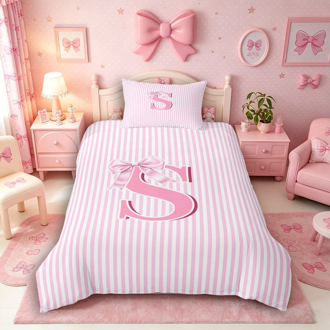 Meiyoeat Sweet Bow Letter S Duvet Cover Set for Girls Children, Cute Stripe Bedding Full, Light Pink White,Pink Reversible,3pcs,No Comforter