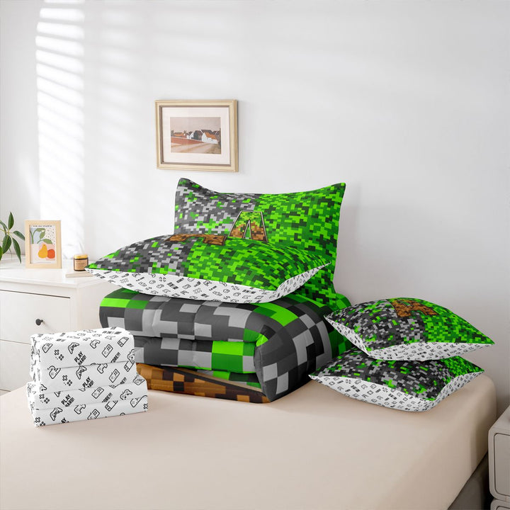meiyoeat Classic Pixel Miner Games 7 Pieces Full Size Bedding Sets For Boys,Monogram Letter A Full Size Bed in a Bag,Reversible