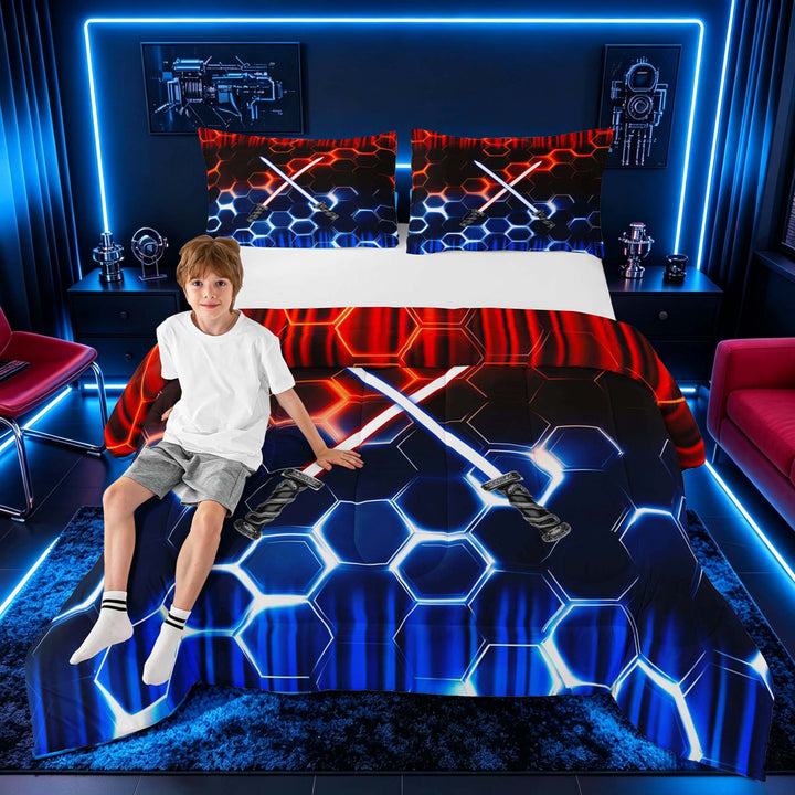 meiyoeat Neon Lights Full Size Comforter Sets for Boys, Sci-Fi Red Blue Gaming Bedding Sets, Black Reversible 3pcs, 1 Comforter and 2 Pillowcases
