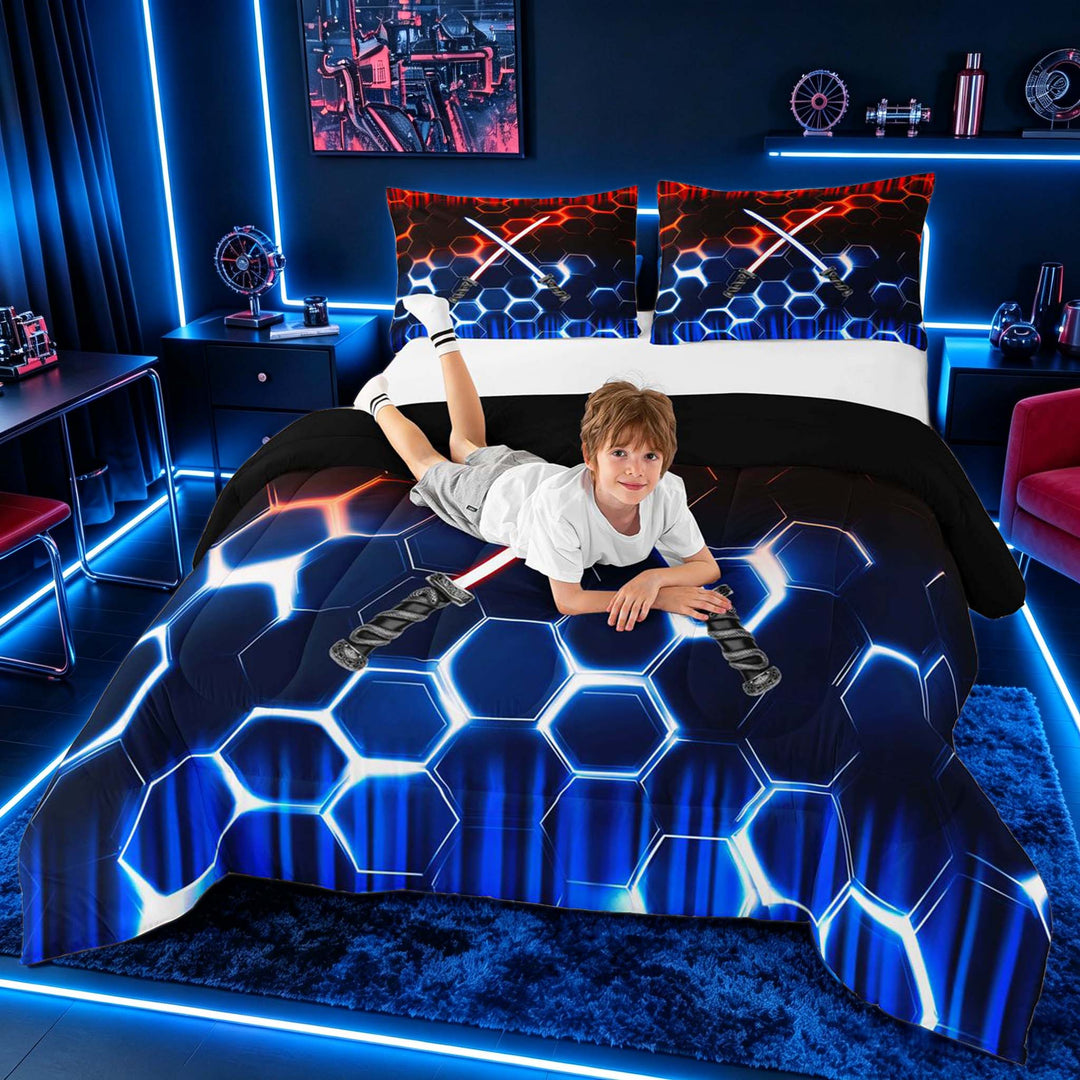 meiyoeat Neon Lights Full Size Comforter Sets for Boys, Sci-Fi Red Blue Gaming Bedding Sets, Black Reversible 3pcs, 1 Comforter and 2 Pillowcases