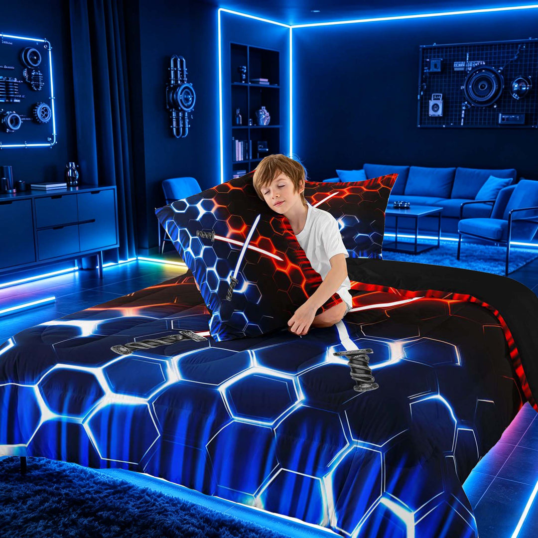 meiyoeat Neon Lights Full Size Comforter Sets for Boys, Sci-Fi Red Blue Gaming Bedding Sets, Black Reversible 3pcs, 1 Comforter and 2 Pillowcases
