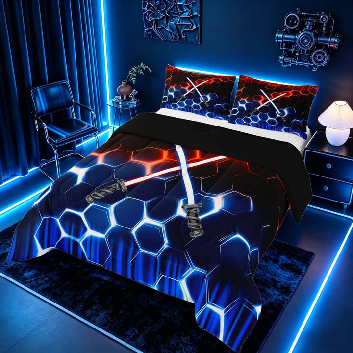 meiyoeat Neon Lights Full Size Comforter Sets for Boys, Sci-Fi Red Blue Gaming Bedding Sets, Black Reversible 3pcs, 1 Comforter and 2 Pillowcases