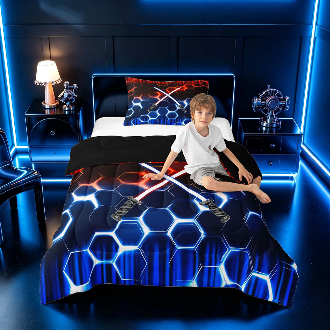 meiyoeat Neon Lights Full Size Comforter Sets for Boys, Sci-Fi Red Blue Gaming Bedding Sets, Black Reversible 3pcs, 1 Comforter and 2 Pillowcases
