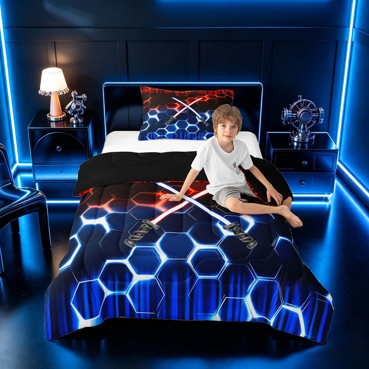 meiyoeat Neon Lights Full Size Comforter Sets for Boys, Sci-Fi Red Blue Gaming Bedding Sets, Black Reversible 3pcs, 1 Comforter and 2 Pillowcases