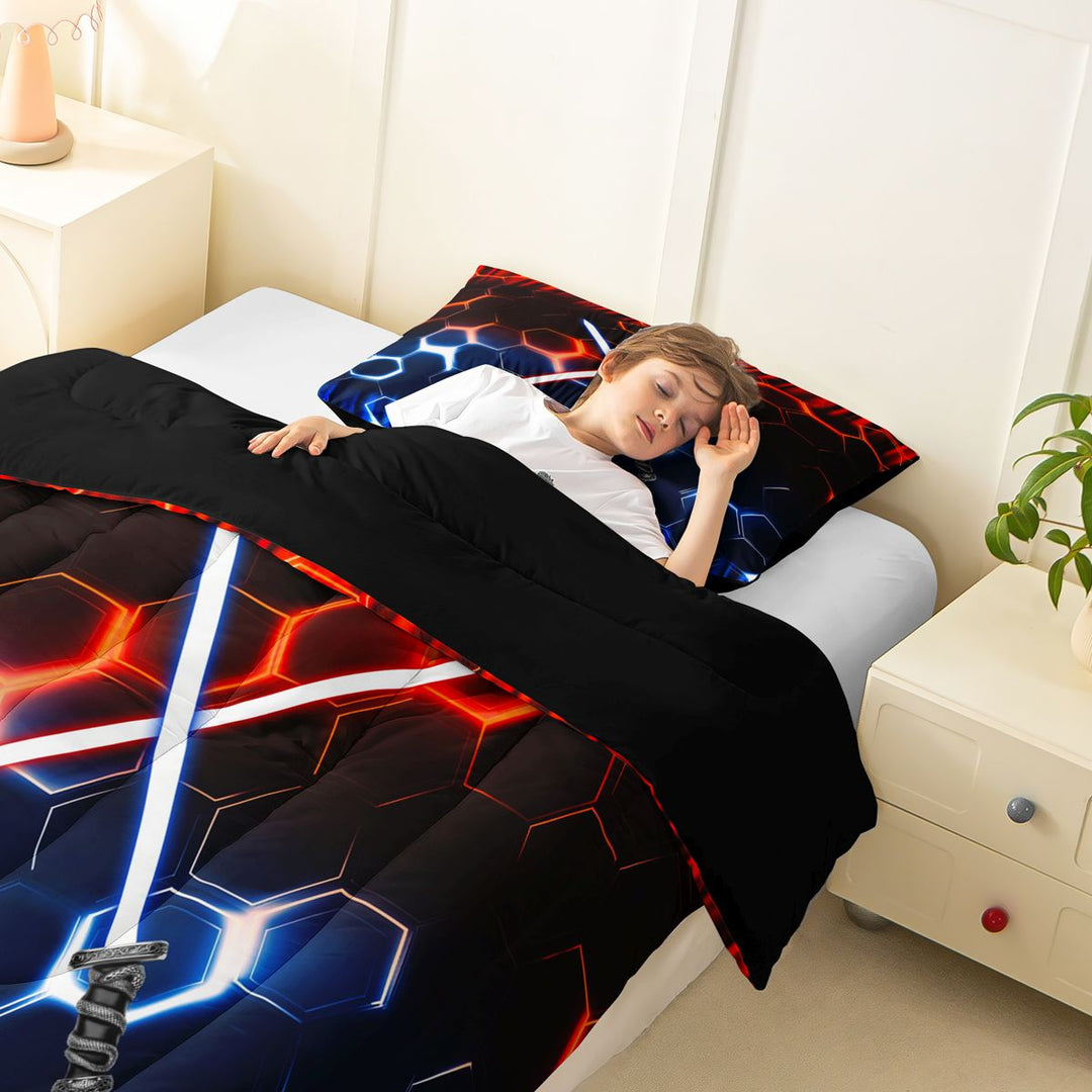 meiyoeat Neon Lights Full Size Comforter Sets for Boys, Sci-Fi Red Blue Gaming Bedding Sets, Black Reversible 3pcs, 1 Comforter and 2 Pillowcases