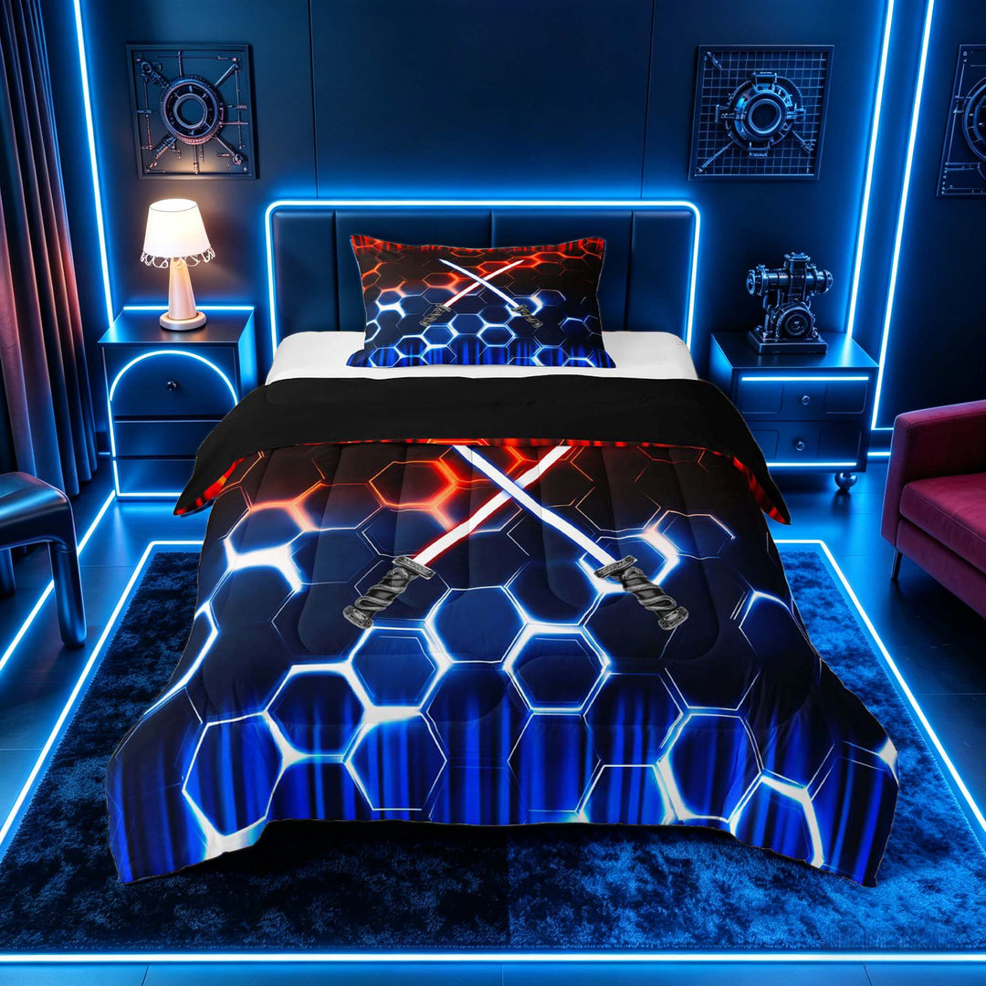 meiyoeat Neon Lights Full Size Comforter Sets for Boys, Sci-Fi Red Blue Gaming Bedding Sets, Black Reversible 3pcs, 1 Comforter and 2 Pillowcases