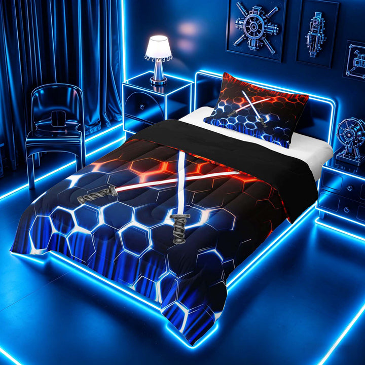 meiyoeat Neon Lights Full Size Comforter Sets for Boys, Sci-Fi Red Blue Gaming Bedding Sets, Black Reversible 3pcs, 1 Comforter and 2 Pillowcases