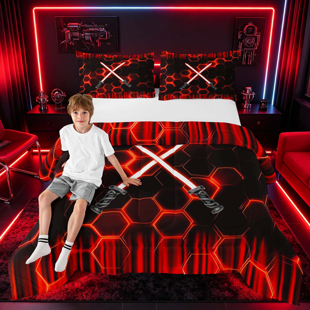 meiyoeat Neon Lights Full Size Comforter Sets for Boys, Sci-Fi Red Gaming Bedding Sets, Black Reversible 3 Pieces, 1 Comforter and 2 Pillowcases