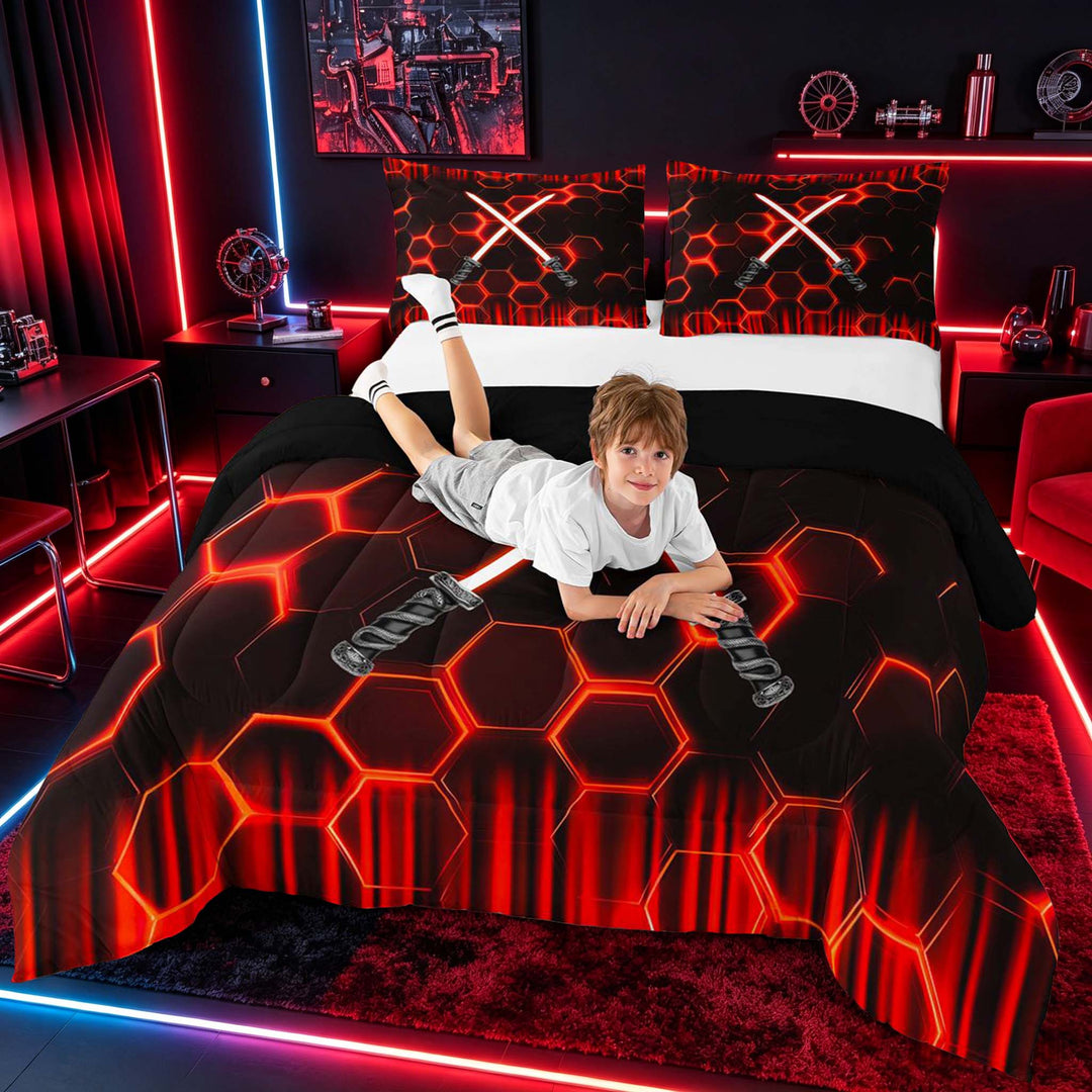 meiyoeat Neon Lights Full Size Comforter Sets for Boys, Sci-Fi Red Gaming Bedding Sets, Black Reversible 3 Pieces, 1 Comforter and 2 Pillowcases