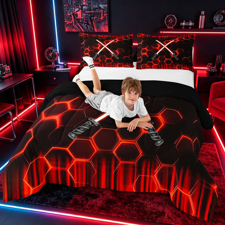 meiyoeat Neon Lights Full Size Comforter Sets for Boys, Sci-Fi Red Gaming Bedding Sets, Black Reversible 3 Pieces, 1 Comforter and 2 Pillowcases