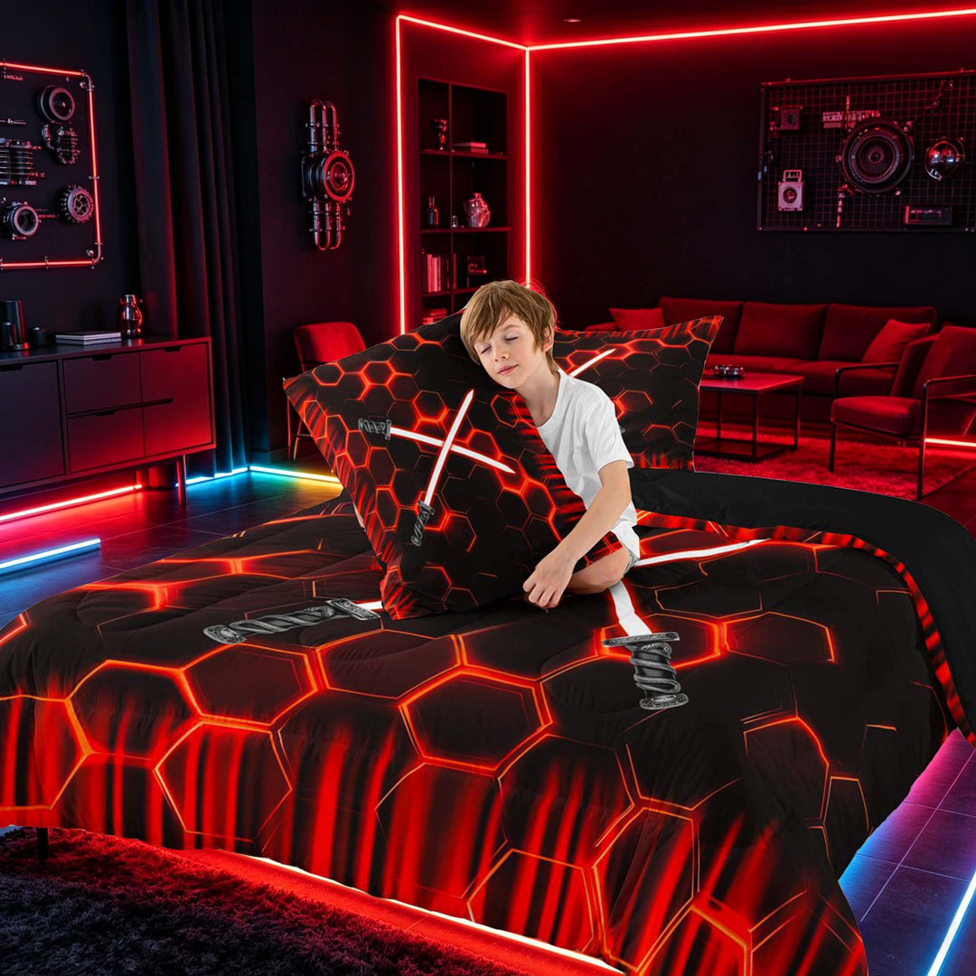 meiyoeat Neon Lights Full Size Comforter Sets for Boys, Sci-Fi Red Gaming Bedding Sets, Black Reversible 3 Pieces, 1 Comforter and 2 Pillowcases