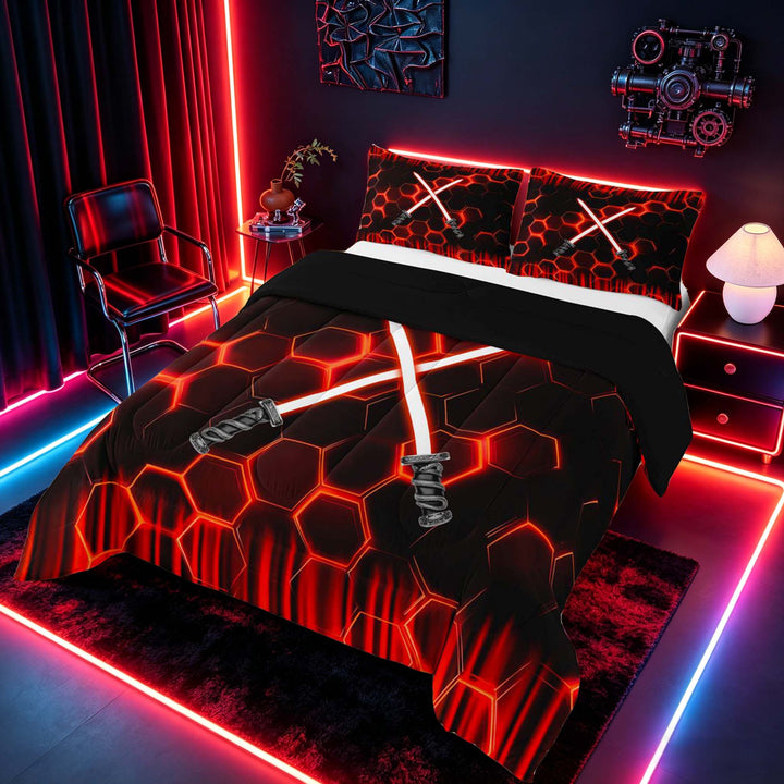 meiyoeat Neon Lights Full Size Comforter Sets for Boys, Sci-Fi Red Gaming Bedding Sets, Black Reversible 3 Pieces, 1 Comforter and 2 Pillowcases