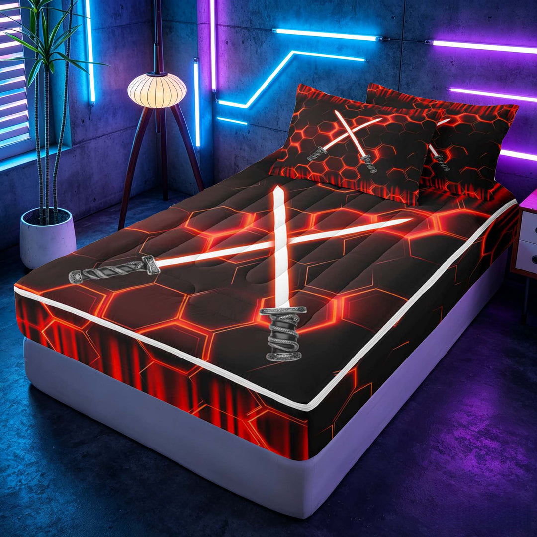 meiyoeat Neon Zipper Full Size Comforter Sets with Fitted Sheet and 2 Pillowcases for Boys, Sci-Fi Red Gaming Zipper Bedding Set, Black Reversible