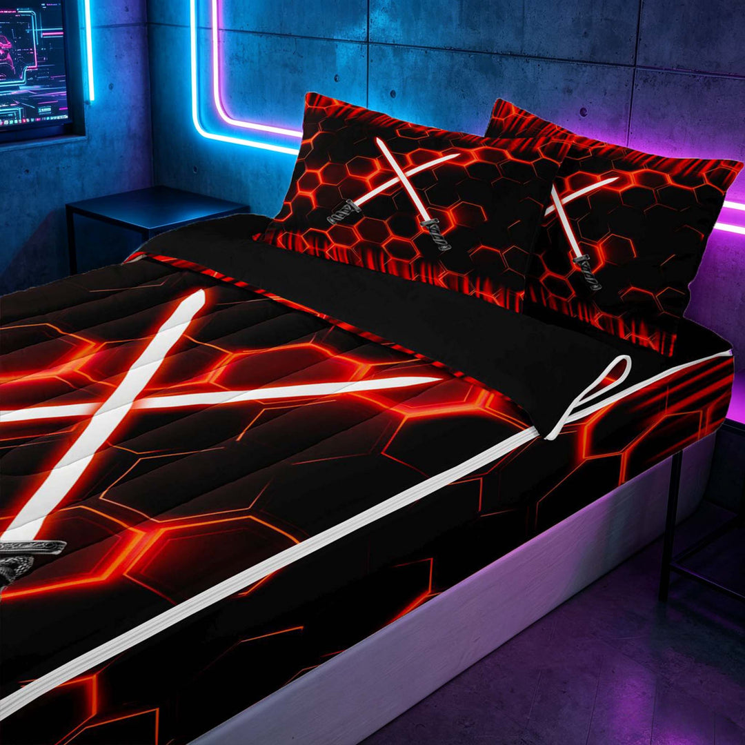 meiyoeat Neon Zipper Full Size Comforter Sets with Fitted Sheet and 2 Pillowcases for Boys, Sci-Fi Red Gaming Zipper Bedding Set, Black Reversible