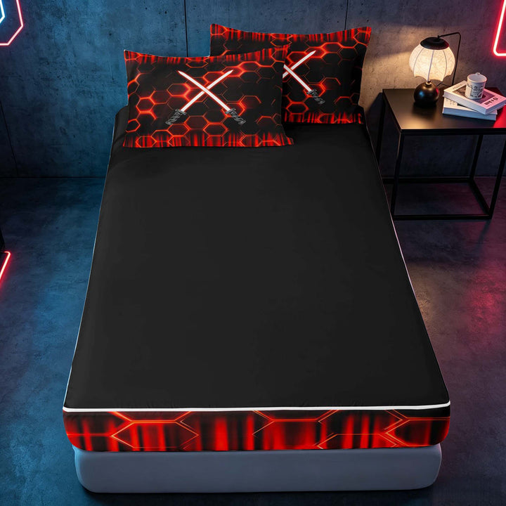 meiyoeat Neon Zipper Full Size Comforter Sets with Fitted Sheet and 2 Pillowcases for Boys, Sci-Fi Red Gaming Zipper Bedding Set, Black Reversible