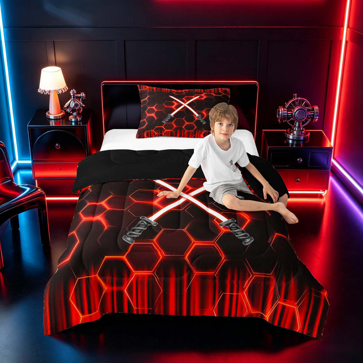 meiyoeat Neon Lights Full Size Comforter Sets for Boys, Sci-Fi Red Gaming Bedding Sets, Black Reversible 3 Pieces, 1 Comforter and 2 Pillowcases