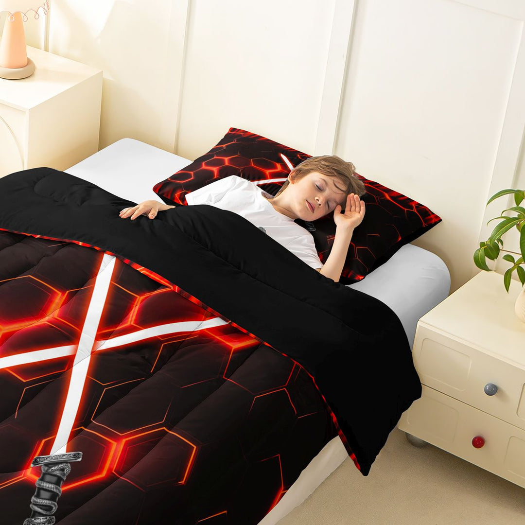meiyoeat Neon Lights Full Size Comforter Sets for Boys, Sci-Fi Red Gaming Bedding Sets, Black Reversible 3 Pieces, 1 Comforter and 2 Pillowcases