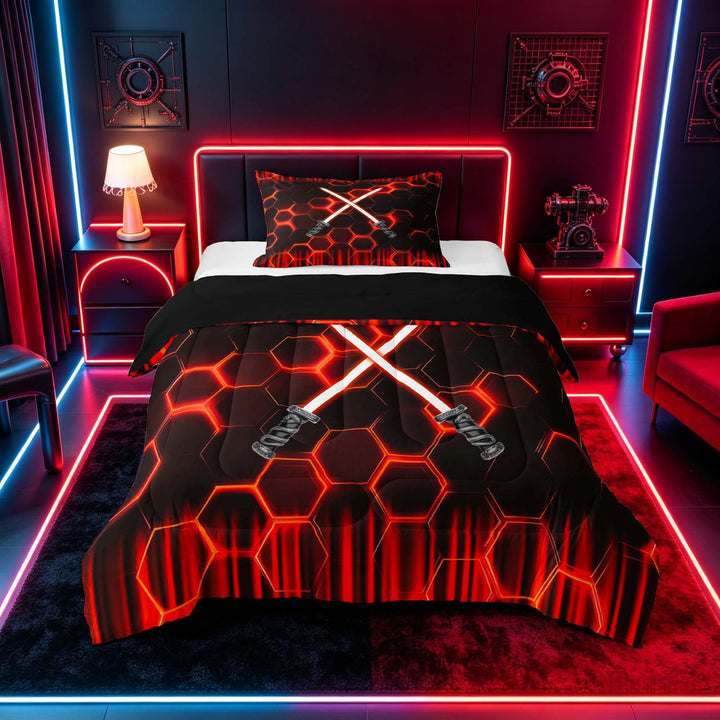 meiyoeat Neon Lights Full Size Comforter Sets for Boys, Sci-Fi Red Gaming Bedding Sets, Black Reversible 3 Pieces, 1 Comforter and 2 Pillowcases