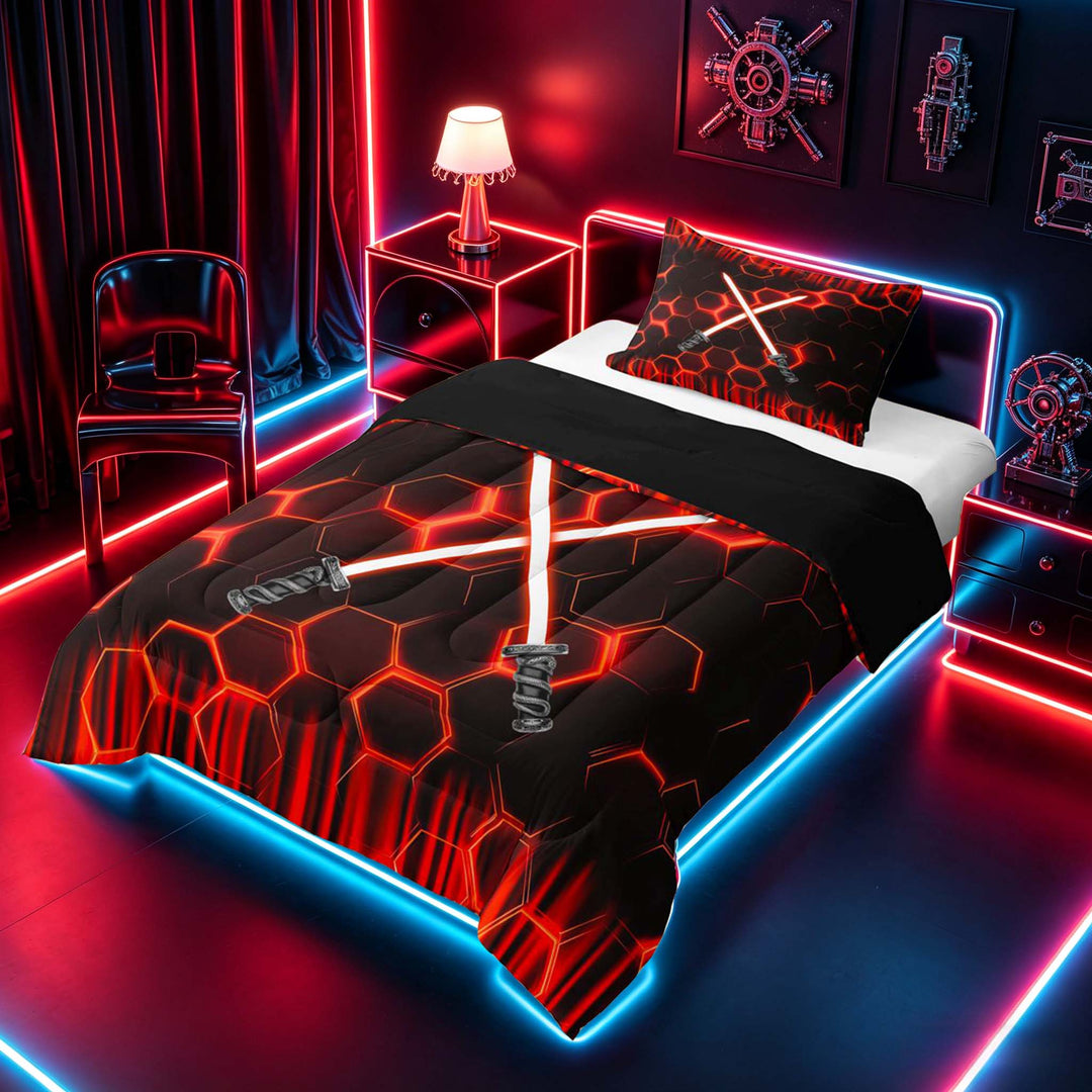 meiyoeat Neon Lights Full Size Comforter Sets for Boys, Sci-Fi Red Gaming Bedding Sets, Black Reversible 3 Pieces, 1 Comforter and 2 Pillowcases