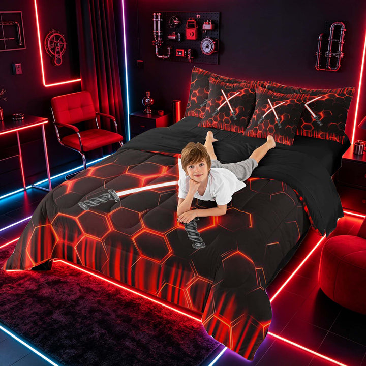 meiyoeat Neon Bedding Comforter Set for Boys, Sci-Fi Red Gaming Full Bedding Set, Black Reversible 7 Pieces