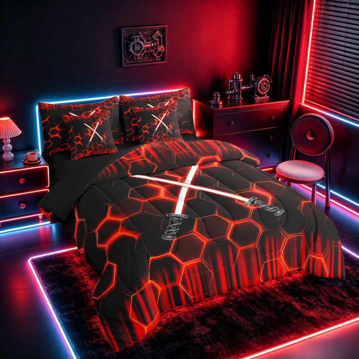 meiyoeat Neon Bedding Comforter Set for Boys, Sci-Fi Red Gaming Full Bedding Set, Black Reversible 7 Pieces