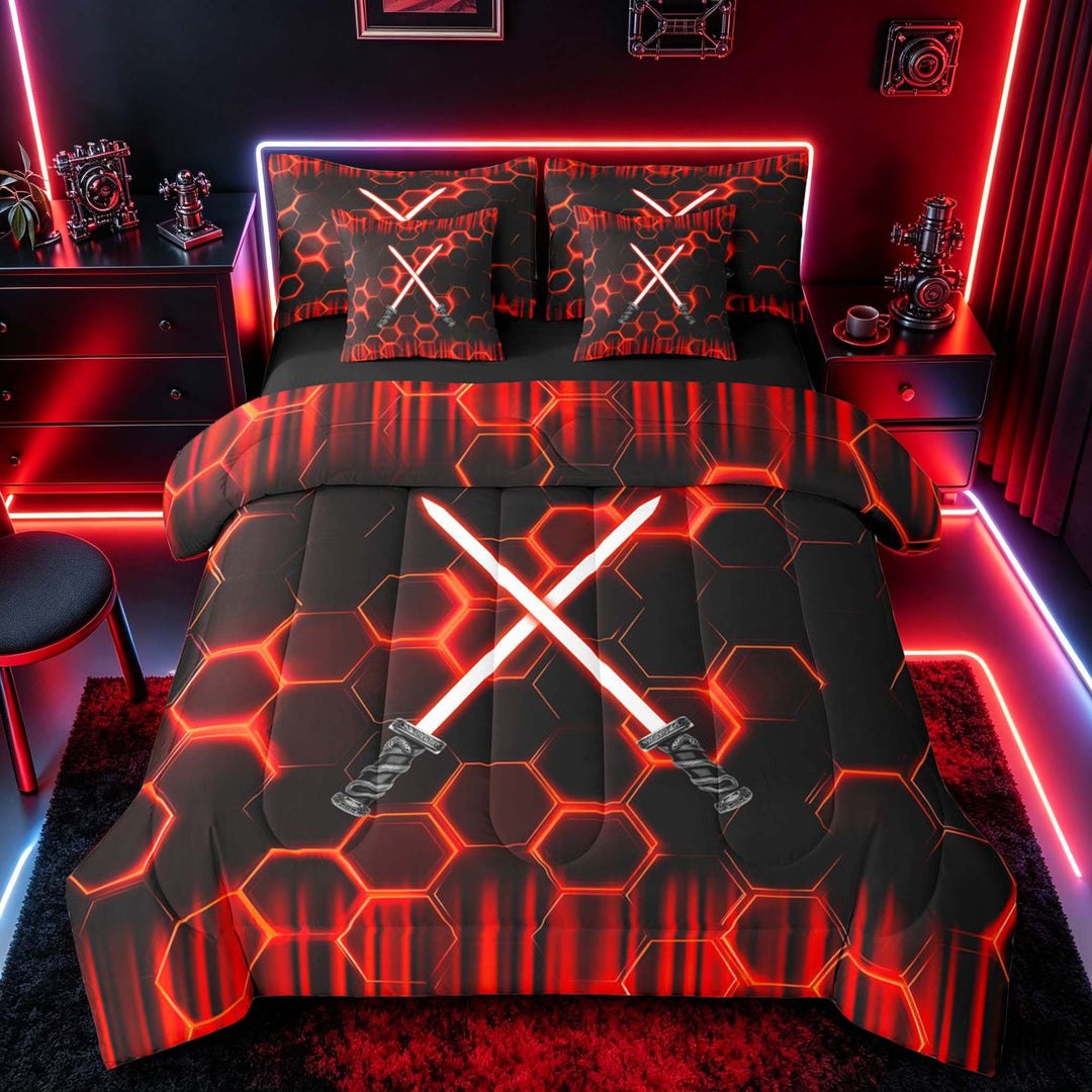 meiyoeat Neon Bedding Comforter Set for Boys, Sci-Fi Red Gaming Full Bedding Set, Black Reversible 7 Pieces